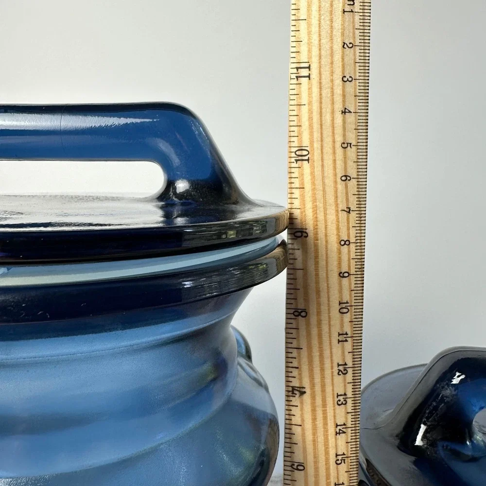 Vintage Cobalt Blue Glass Canister Set of 2 Handled Lids Kitchen Storage Jars